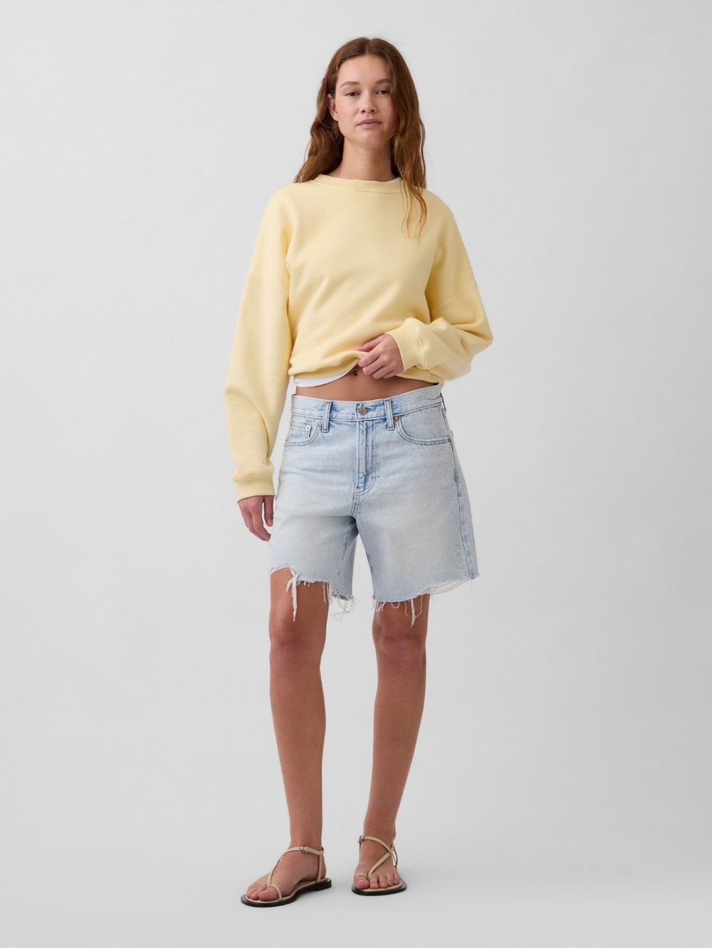 8” mid rise loose denim Bermuda shorts